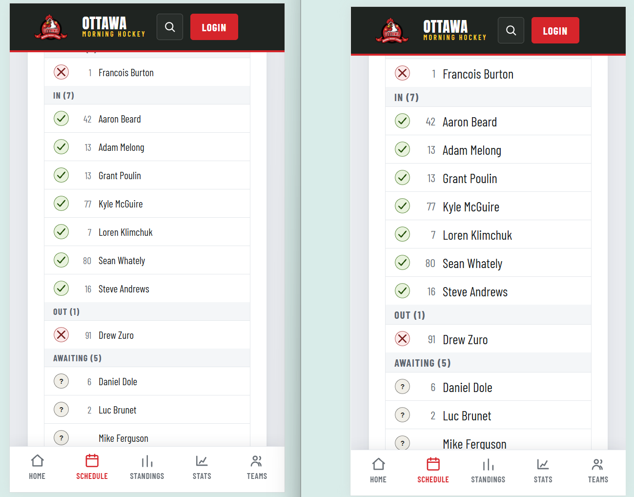 Check-In Status before (left) and after (right): larger player names and jersey numbers